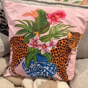 Tropical Leopard Print Pillow with Pink Accents